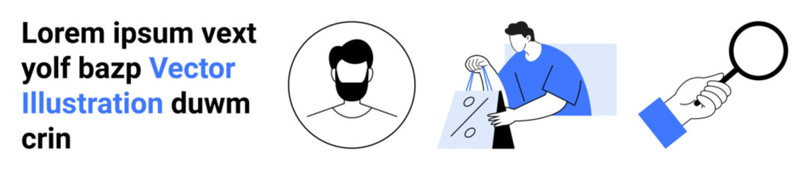 Man carrying shopping bags, magnifying glass, and Latin text in modern flat design. Ideal for e-commerce, customer service, retail, user search, personalization, online shopping product discovery