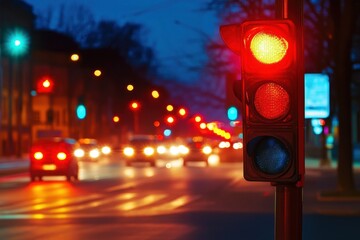 Red traffic light glows brightly at night as cars stop and wait on the busy street, At night, the red light illuminates, and cars stop automatically
