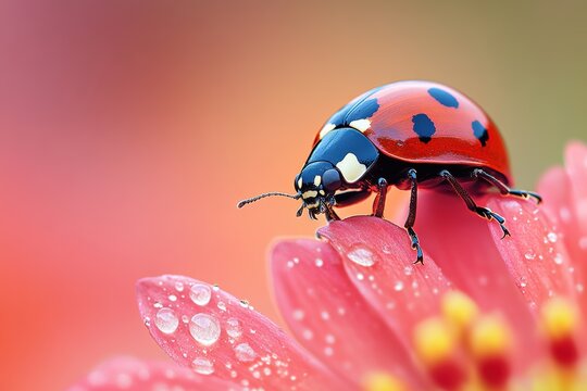 Close-up view of a ladybug resting on a pink flower petal with droplets of water reflecting sunlight in a garden setting
