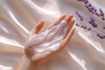 A hand holds a dollop of shimmering, pearlescent cream against a soft, silk background, accented with lavender.