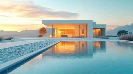 Fototapeta premium Modern villa with pool at sunset overlooking mountains