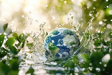 Earth splashing into water surrounded by green leaves symbolizes conservation, sustainability, and environmental awareness. Ideal for World Water Day, climate initiatives, and ecological campaigns