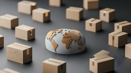 Global Shipping And International Trade Depicted By Cardboard Boxes Around A Globe On A Dark Background In 3D Rendering