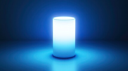 Glowing cylinder light in a dark blue room. Possible use Stock photo for technology, product design, or abstract background