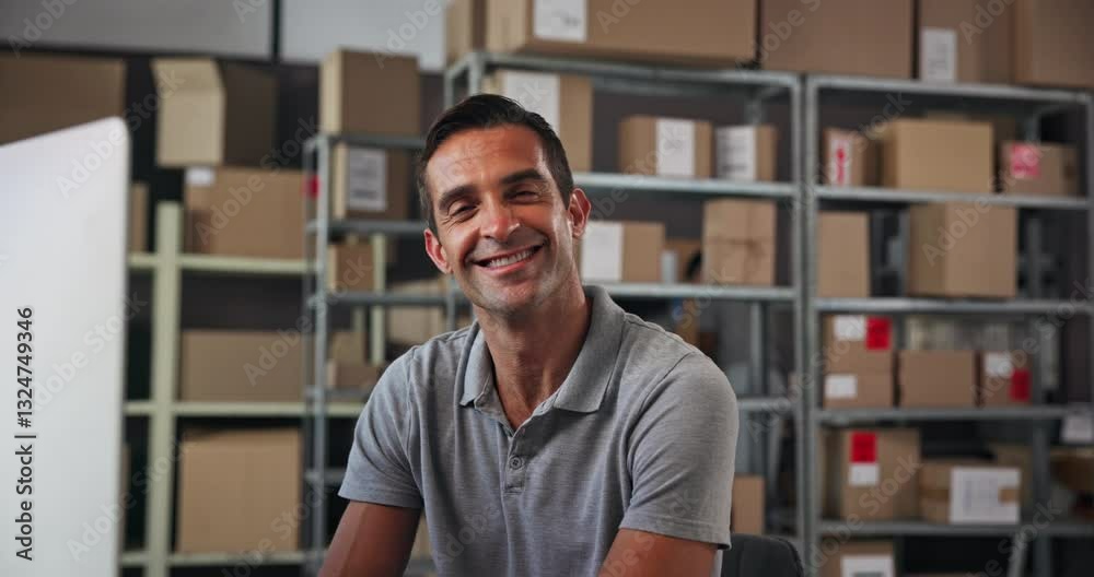 Poster warehouse, shipping and face of man with boxes on computer for delivery, logistics and distribution.