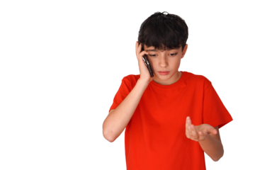 png, transparent background, isolated preteen boy talking on the phone with gesture of concern, displeasure or disgust. in red t-shirt
