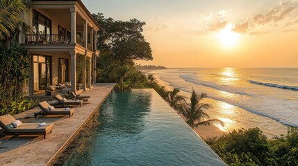 Obraz premium Tropical paradise villa with an infinity pool overlooking a beautiful ocean sunset