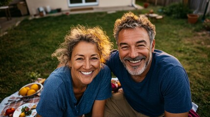 Horizontal portrait of a middle-aged couple smiling while have a picnic in the backyard.