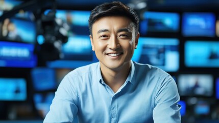 Smiling news anchor sits confidently in broadcast studio filled with monitors during live news segment