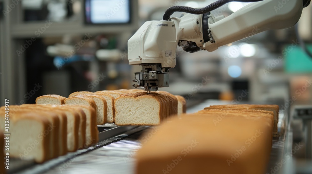 Poster A robotic arm efficiently picks and positions slices of bread on a production line in a food processing facility.