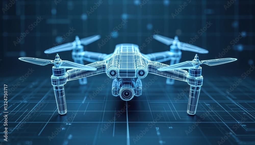 Poster Wireframe drone with camera on blue background with grid lines. Futuristic tech innovation with aerial contraption, unmanned aircraft. Digital design with high technology, robotic automation,