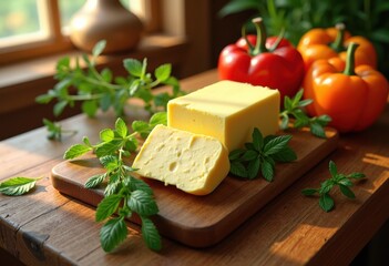 vibrant butter spread display fresh ingredients including herbs colorful vegetables rustic wooden board, dairy, gourmet, homemade, creamy, texture, container