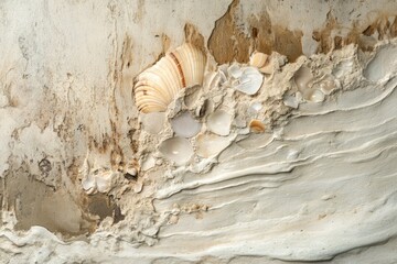 Seashells embedded in textured, beige-toned concrete, creating a natural, coastal aesthetic.