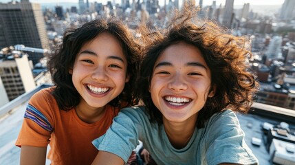 Fototapeta premium A young Asian girl with a smile taking a selfie with a young boy of similar ethnicity, both posing near a cityscape, sharing an affectionate moment.