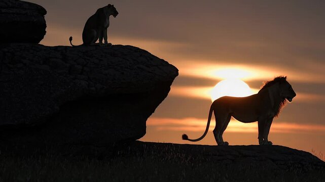 Majestic lion and lioness silhouettes at regal sunset