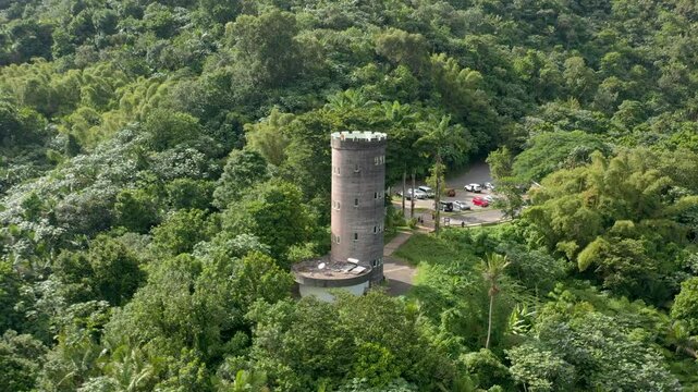4K drone footage capturing the.Yokah&uacute; Tower, an observation tower within El Yunque National Forest on the island of Puerto Rico.
