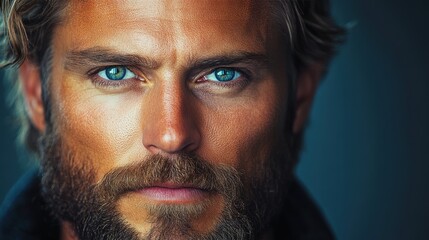 Obraz premium Portrait of a man with striking blue eyes and rugged beard captured in close-up under soft lighting in an indoor setting