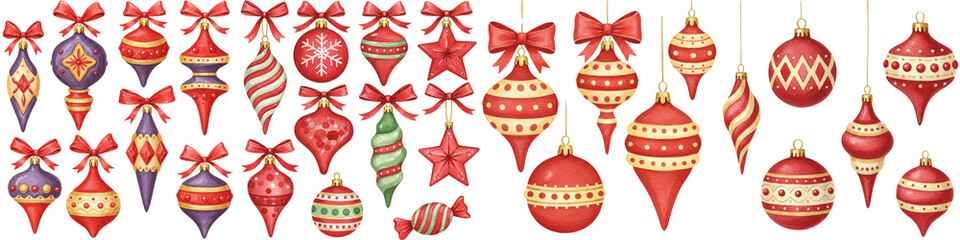 Christmas Ornament Collection Watercolor Illustration - Festive Christmas ornaments, red and gold, with bows, symbolizing joy, celebration, tradition, winter holidays, and festive cheer