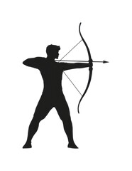 Silhouette of male archer drawing bow in profile view, cut out