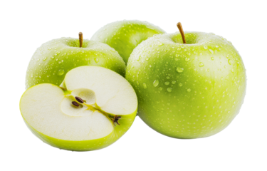 Fresh green apples with water droplets and cross section displayed, cut out
