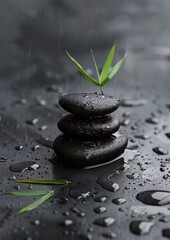 Black stones stacked with water droplets and a single bamboo leaf in the middle of the arrangement