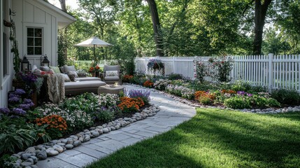 Obraz premium Rustic backyard patio with flower garden and white fence