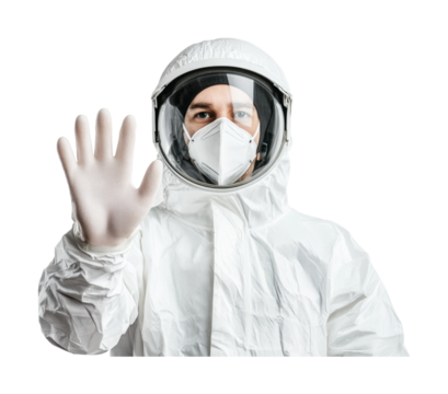 Male scientist in protective hazmat suit with mask and gloves, cut out