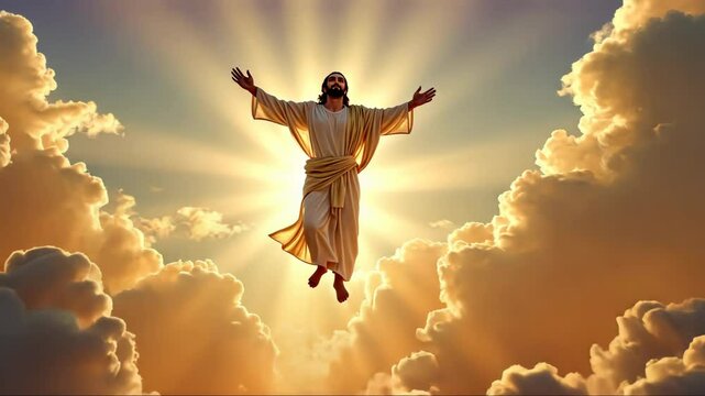 Ascension of Jesus Christ. Man in a white robe is flying through the sky. The sky is filled with clouds and the sun is shining brightly