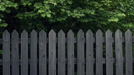 Rustic grey wooden fence against lush green foliage.