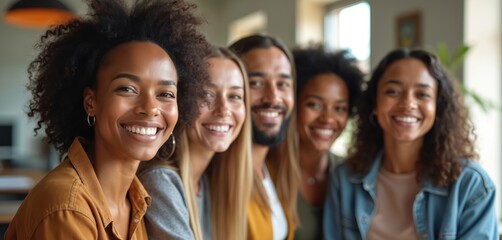 Obraz premium Diverse smiling business team in office. Multiethnic group, men, women in casual attire. Positive employees portrait embodies success, teamwork, inclusion. Happy, confident professionals represents
