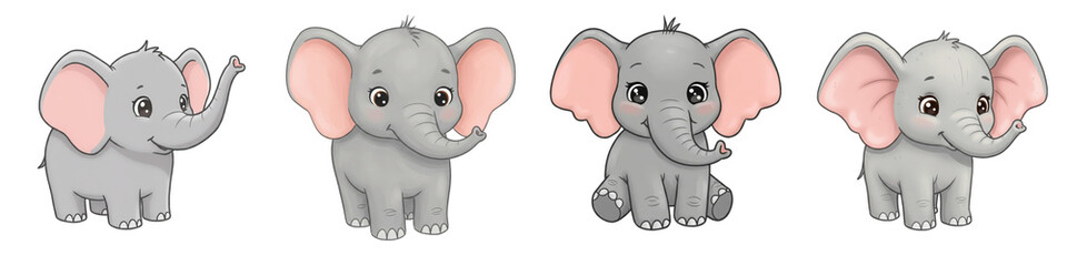 Naklejka premium Watercolor Baby Elephant Clipart Set - Adorable watercolor baby elephants, perfect for children's books, cards, and prints. Symbolizing: innocence, childhood, playfulness, nature, and friendship
