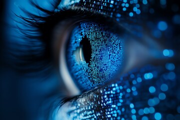 Closeup of code on a computer screen with a digital blue overlay, depicting the concept of data security or software development Generative AI