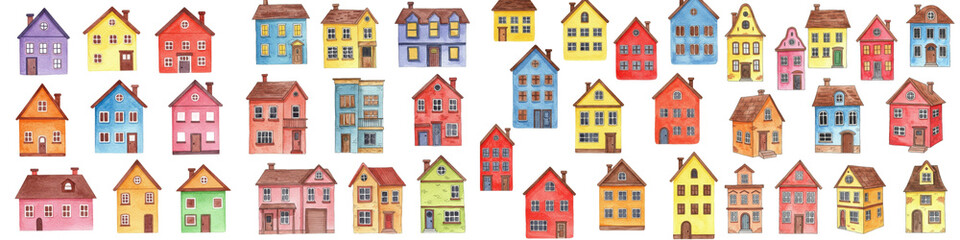 Watercolor Houses Collection: Charming Village Homes - A delightful collection of charming watercolor houses, symbolizing community, home, comfort, tranquility, and dreams