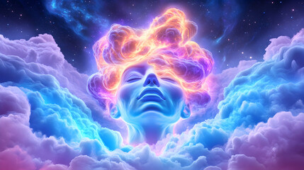 Obraz premium Dreamy, ethereal female head, cloud-like surrealism
