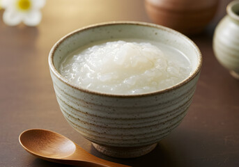 Serene Japanese Rice Porridge in Earthenware Bowl