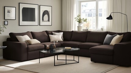 A Modern Living Room Features Dark Brown Sectional Seating