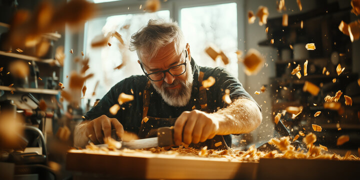 Master craftsman woodworking in a workshop, carving wood with flying shavings