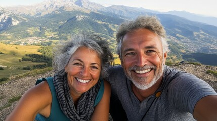 Couple posing for a mountainous backdrop, smiling at the camera.