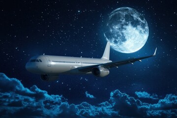 Naklejka premium Commercial airplane cruising through a starry night sky with a bright moon, An unbranded commercial airplane cruising at altitude on a beautiful moonlit night