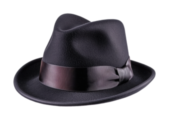 Classic black fedora hat with stylish ribbon on isolated background, cut out