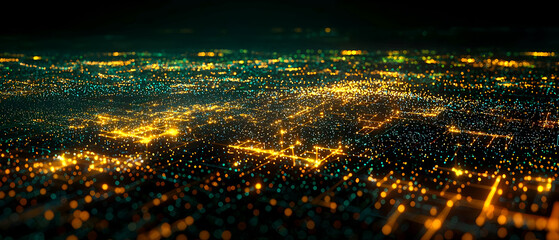 Dazzling Aerial View Of A City At Night With Sparkling Teal And Gold Illumination