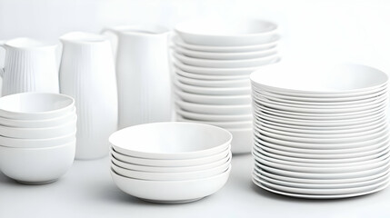 Obraz premium White Ceramic Bowls And Vases Stacked On A White Surface With A Clean And Minimalist Aesthetic