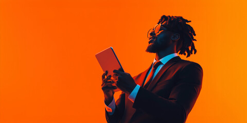 Confident businessman in a suit holding a tablet against a vibrant orange background, symbolizing innovation and leadership in the digital era, business banner