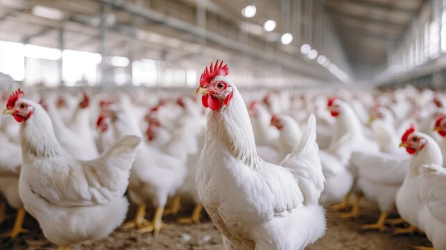 White chickens in a modern poultry house showcasing bright feathers in rural agriculture