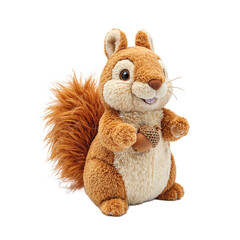Adorable plush squirrel with soft fur and fluffy tail holding a tiny acorn isolated on white