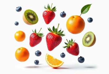 Naklejka premium suspended fresh fruit varieties displayed crisp white background stunning visual appeal, apple, banana, orange, grape, berry, kiwi, mango, melon