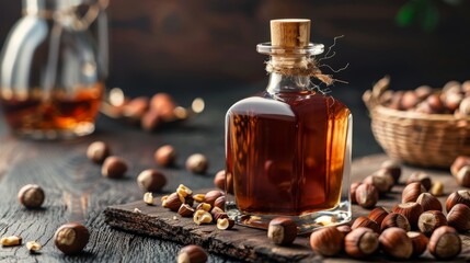 Bottle of Hazelnut Liqueur with Hazelnuts Around It