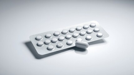 Medication blister pack with round pills and capsule laying on table, shot in bright, clean studio light.
