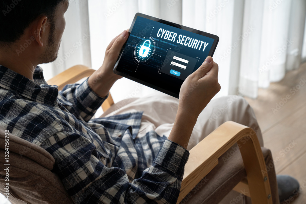 Poster cyber security system on computer screen protect private information snugly from hacker and cyber at
