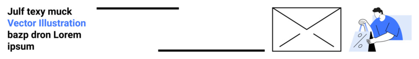 Text block with placeholder content, blank email icon, person adding content. Ideal for newsletters, announcements, email marketing, communication tools, content creation, web design user